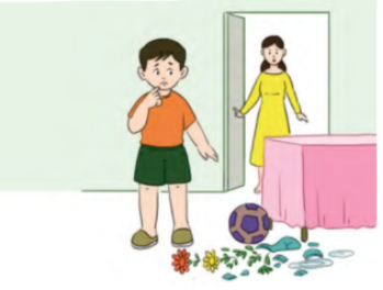 Trong tình huống này, theo em bạn nam nên nói gì? (chọn 2 đáp án)  A. Con xin lỗi mẹ vì đã đá bóng làm vỡ bình hoa.  B. Mẹ ơi lọ hoa tự vỡ chứ không phải tại con.  C. Con vào đây thì đã thấy bình hoa bị vỡ rồi mẹ ạ.  D. Mẹ ơi, con xin lỗi mẹ vì đã làm vỡ bình hoa. Con sẽ giúp mẹ dọn dẹp lại ạ. (ảnh 1)
