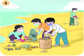 Quan sát tranh, nói về hoạt động trong tranh bằng cách điền từ thích hợp vào chỗ trống:nhặt rácbảo vệtrong sạchCác bạn nhỏ thu ........  trên bãi biển. Đây là hành động ..........  môi trường (ảnh 1)