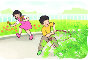  Quan sát tranh, nói về việc làm trong tranh bằng cách điền vào chỗ trống:phá hoại hái hoa không nên nênTranh vẽ hai bạn nhỏ đang bẻ cành và ........ trong vườn. Theo em, đây là hành động  (ảnh 1)