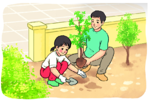 Quan sát tranh, nói về việc làm trong tranh bằng cách điền vào chỗ trống:chăm sóc không nên nên trồng bảo vệ lợi íchTranh vẽ hai bố con đang .......... cây xanh. Theo em, đây là hành độ (ảnh 1)