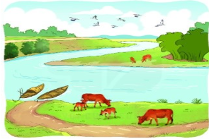  Quan sát tranh, tìm từ chỉ sự vật và màu sắc của sự vật 1. Bầu trời a. Xanh rờn2. Con bò b. Trắng, đen 3. Đàn chimc. Xanh da trời4. Cỏ ven sông d. Nâu đỏ/ vàng (ảnh 1)