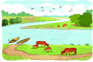  Quan sát tranh, điền vào chỗ trống để hoàn thiện câu sau: vàng mơn mởn xanh biếc.- Dòng sông ..............- Hai bên bờ, cỏ xanh ........... . - Đàn bò ........... ung dung gặm cỏ. (ảnh 1)