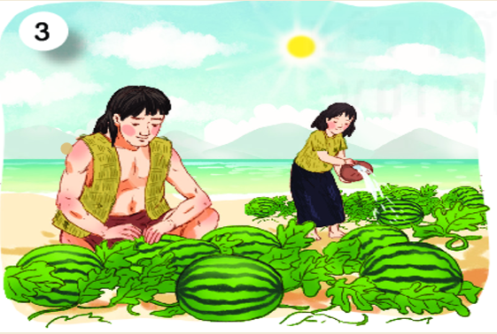  Đọc đoạn kể chuyện sau và tìm bức tranh tương ứng: Vì hiểu lầm, hai vợ chồng Mai An Tiêm bị nhà vua đầy ra đảo hoang. Nơi này không có người sinh sống cũng chẳng có cách thức nào để kiếm ăn  (ảnh 3)