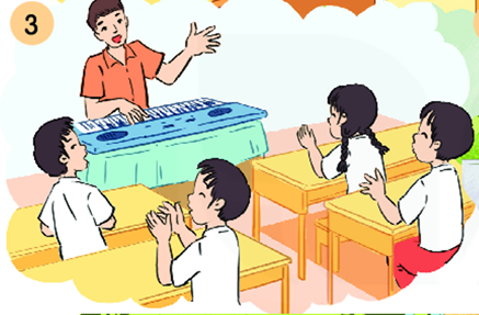 Quan sát tranh, xếp các từ trong tranh vào nhóm thích hợp?thầy giáodạy háthọc sinhhọc hátcây đànbàn ghếđánh đàn (ảnh 1)