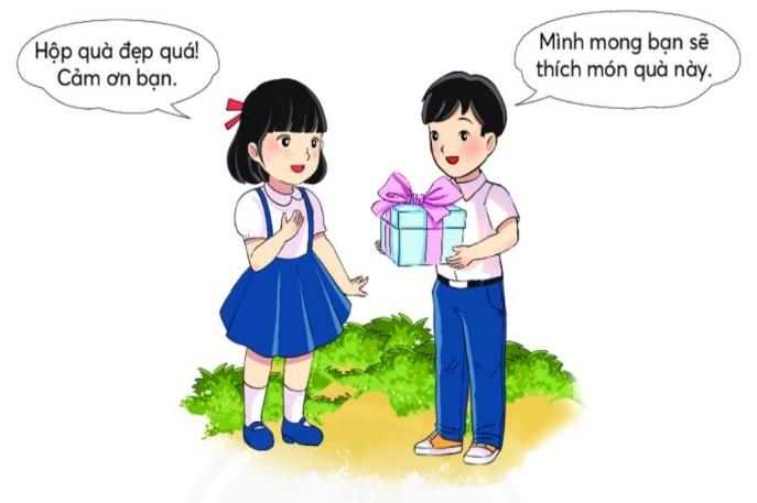 Quan sát tranh, ghép các mảnh ghép để được đúng lời của bạn nam và bạn nữ: (ảnh 1)