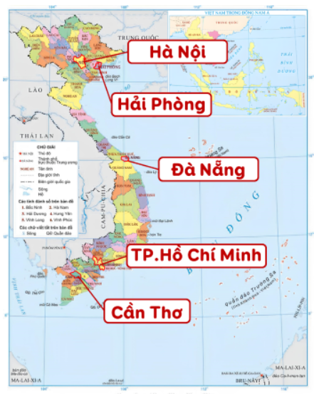 Chọn tên các thành phố thích hợp.Tính đến năm 2024, nước ta có 5 thành phố trực thuộc Trung ương là Hà Nội, Hải Dương, Hải Phòng, Huế, Đà Nẵng, Thành phố Hồ Chí Minh, Phú Quốc, Cần Thơ. (ảnh 1)
