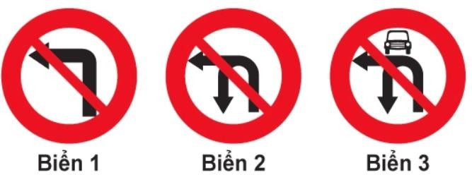  Biển nào cấm các phương tiện rẽ trái?1. Biển 1 và biển 2.2. Biển 1 và biển 3.3. Biển 2 và biển 3.4. Cả ba biển.  (ảnh 1)