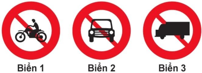  Biển nào báo hiệu cấm xe mô tô ba bánh chở hàng đi qua?1. Biển 1 và biển 2.2. Biển 1 và biển 3.3. Biển 2 và biển 3. (ảnh 1)