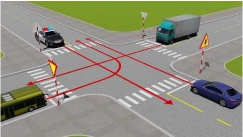  Theo hướng mũi tên, thứ tự các xe đi như thế nào là đúng quy tắc giao thông?1. Xe công an đi làm nhiệm vụ khẩn cấp, xe con, xe tải, xe khách.2. Xe công an đi làm nhiệm vụ khẩn cấp, xe khách, (ảnh 1)
