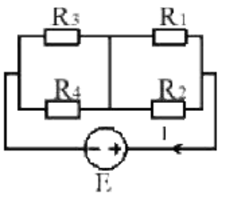 Hãy xác định dòng điện I của mạch. Biết R1=4Ω; R2=4Ω; R3=2Ω; R4=2Ω; E=12V (ảnh 1)