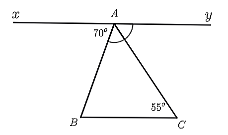Cho hình vẽ, biết   ˆ x A B = 70 ∘ , ˆ A C B = 55 ∘  , tia   A C   là tia phân giác của   ˆ y A B  .    Xét tính đúng sai của các khẳng định dưới đây:  a)   ˆ x A B   và   ˆ C A B   là hai góc kề bù.  b)   ˆ y A B = 2 ˆ B A C  .  c)   ˆ y A C = 60 ∘  .  d)   x y ∥ B C  . (ảnh 1)