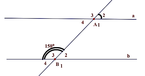 Cho hình vẽ dưới đây, biết   a ∥ b  , biết   ˆ B 3 = 150 ∘  .    Hỏi   ˆ A 2   có số đo bằng bao nhiêu độ? (ảnh 1)