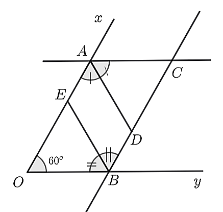 (1,0 điểm) Cho   ˆ x O y = 60 ∘  . Trên tia   O x   lấy điểm   A ,   trên   O y   lấy điểm   B   sao cho   O A > O B .  Qua   A   vẽ đường thẳng song song với   O y  . Qua   B   vẽ đường thẳng song song với   O x  . Hai đường thẳng này cắt nhau tại   C .    a) Kẻ tia phân giác của   ˆ O A C  , tia này cắt   B C   ở   D  . Tính số đo   ˆ A D C .    b) Kẻ tia phân giác của   ˆ O B C  , tia này cắt   O A   ở   E  . Chứng minh   A D ∥ B E . (ảnh 1)