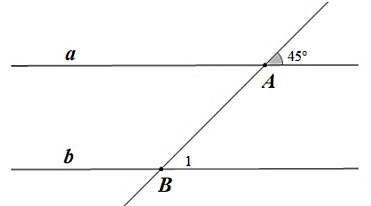 Cho hình vẽ sau, biết   a ∥ b   và   ˆ A = 45 ∘  .    Số đo của   ˆ B 1   bằng (ảnh 1)