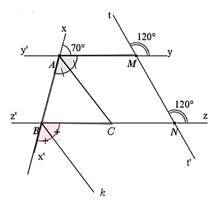 (1,0 điểm) Cho hình bên, biết   ˆ x A y = 70 ∘ ; ˆ t M y = 120 ∘ ; ˆ t N z = 120 ∘  .    a) Vẽ tia phân giác của   ˆ B A M   cắt đường thẳng   z z ′   tại   C  . Tính số đo   ˆ A C N  .  b) Vẽ tia   B k   là tia phân giác của   ˆ x ′ B N  . Chứng minh   A C ∥ B k . (ảnh 3)