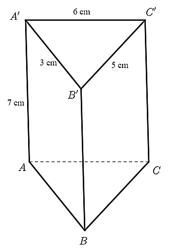 Cho hình lăng trụ đứng tam giác   A B C . A ′ B ′ C ′   có cạnh   A ′ B ′ = 3 c m ,     B ′ C ′ = 5 c m ,     A ′ C ′ = 6 c m ,     A A ′ = 7 c m  . Độ dài cạnh   B C   bằng (ảnh 1)