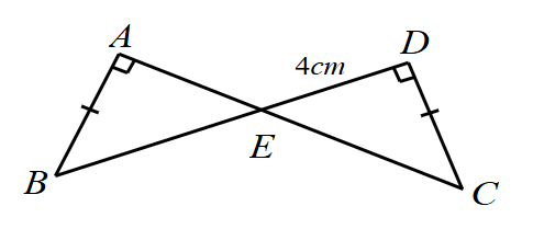 (1,5 điểm)  4.1. Cho hình vẽ bên, biết   A B = D C  ,   ˆ B A C = ˆ B D C = 90 ∘   và   E D = 4 c m  . Hỏi khoảng cách từ   E   đến đường thẳng   A B   là bao nhiêu centimet?  4.2. Một tam giác cân có một cạnh bằng   6 c m .   Tính hai cạnh còn lại, biết chu vi của tam giác đó bằng   20 c m . (ảnh 1)