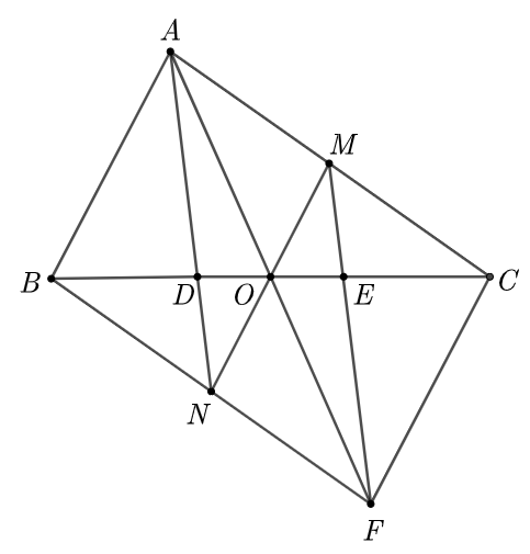 (1,5 điểm) Cho tam giác   A B C  . Gọi   D   và   E   là hai điểm trên cạnh   B C   sao cho ba cạnh  B D = D E = E C .   Vẽ đường trung tuyến   A O   của tam giác   A B C  . Trên tia đối của tia   O A   lấy điểm   F   sao cho   O F = O A .    a) Chứng minh   D   là trọng tâm của tam giác   B A F  ;   E   là trọng tâm của tam giác   C A F .    b) Tia   A D   cắt   B F   tại   N ,   tia   F E   cắt   A C   tại   M .   Chứng minh ba điểm   M , O , N   thẳng hàng. (ảnh 1)