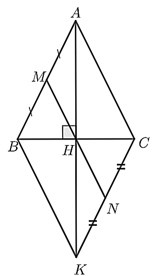 (3,0 điểm) Cho   Δ A B C   cân tại   A  , gọi   H   là trung điểm của   B C  .  a) Chứng minh   Δ A B H = Δ A C H .    b) Trên tia đối của tia   H A   lấy điểm   K   sao cho   A H = H K .   Chứng minh rằng   A C ∥ B K .    c) Gọi   M , N   lần lượt là trung điểm của   A B , C K .   Chứng minh rằng ba điểm   M , H , N   thẳng hàng. (ảnh 1)