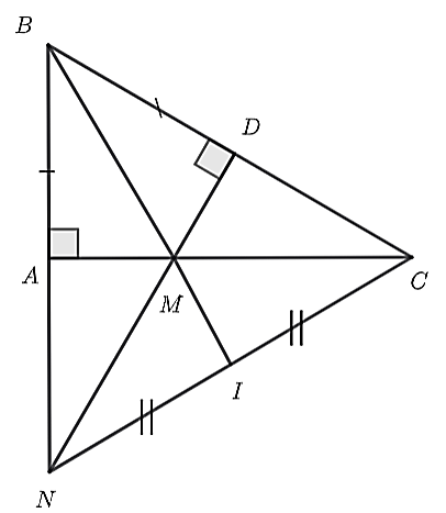 (3,0 điểm) Cho   Δ A B C   vuông tại   A   có   A B < A C  . Trên cạnh   B C   lấy điểm   D   sao cho   B D = B A  . Đường thẳng vuông góc với   B C   tại   D   cắt cạnh   A C   tại   M  , cắt tia   B A   tại   N .    a) Chứng minh   Δ A B M = Δ D B M .    b) Chứng minh   Δ M N C   cân.  c) Gọi   I   là trung điểm của   C N  . Chứng minh ba điểm   B , M , I   thẳng hàng. (ảnh 1)
