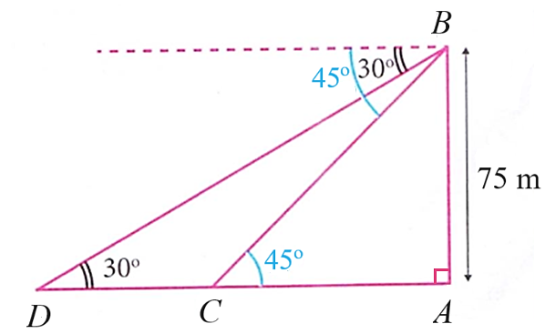 (2,0 điểm)  1. Cho tam giác   A B C   vuông tại   A ( A B < A C )  , đường cao   A H .   Biết   A B = 6 c m   và   cos ˆ A B C = 3 5  . Tính   B C , A C , B H .    2. Từ trên một ngọn hải đăng cao   75 m  , người ta quan sát hai lần thấy một chiếc thuyền đang hướng về phía hải đăng với góc hạ lần lượt là   30 ∘   và   45 ∘   (xem hình vẽ). Hỏi chiếc thuyền đi được bao nhiêu mét giữa hai lần quan sát? (làm tròn kết quả đến hàng đơn vị) (ảnh 1)