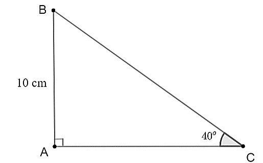 Cho tam giác   A B C   vuông tại   A   có   A B = 10 c m , ˆ C = 40 ∘ .   Cạnh   B C   có độ dài gần nhất với kết quả nào dưới đây? (ảnh 1)