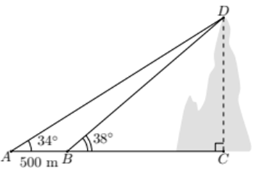 (2,0 điểm)  a) Cho tam giác   A B C   có   A B = 4 c m  ,   B C = 4 , 5 c m  ,   ˆ B = 40 ∘  . Gọi   A H   là đường cao kẻ từ đỉnh   A   của tam giác. Tính độ dài các đoạn thẳng   A H , B H , A C   và số đo góc   C   của tam giác   A B C   (kết quả làm tròn đến hàng phần trăm của cm và làm tròn đến phút của số đo góc).    b) Tính chiều cao của một ngọn núi (kết quả làm tròn đến hàng đơn vị), biết tại hai điểm   A , B   cách nhau   500 m ,   người ta nhìn thấy đỉnh núi với góc nâng lần lượt là   34 ∘   và   38 ∘   (hình vẽ). (ảnh 1)