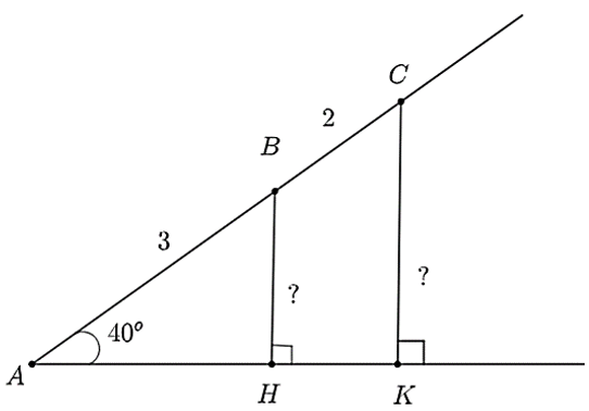 1. Cho hình vẽ dưới đây, tính độ dài các cạnh B H , C K , A K . (kết quả được làm tròn đến hàng phần mười). 2. Một người đứng cách nơi thả khinh khí cầu 800 m nhìn thấy nó với góc nghiêng 38 ∘ . Tính độ cao của khinh khí cầu so với mặt đất. Cho biết khoảng cách từ mặt đất đến mắt người đó là 1 , 5 m (kết quả làm tròn đến hàng phần mười). (ảnh 3)