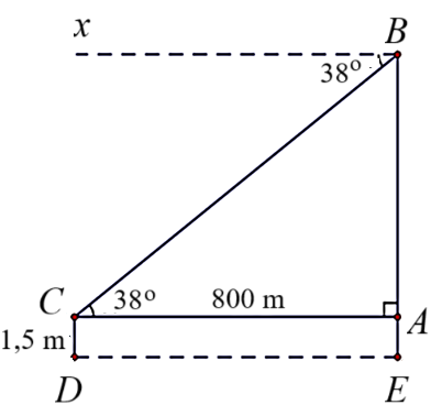1. Cho hình vẽ dưới đây, tính độ dài các cạnh B H , C K , A K . (kết quả được làm tròn đến hàng phần mười). 2. Một người đứng cách nơi thả khinh khí cầu 800 m nhìn thấy nó với góc nghiêng 38 ∘ . Tính độ cao của khinh khí cầu so với mặt đất. Cho biết khoảng cách từ mặt đất đến mắt người đó là 1 , 5 m (kết quả làm tròn đến hàng phần mười). (ảnh 4)