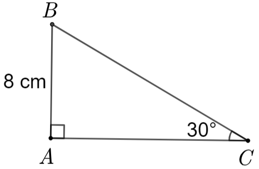 Cho tam giác   A B C   vuông tại   A   có   A B = 8 c m , ˆ C = 30 ∘ .   Độ dài cạnh   B C   là (ảnh 1)