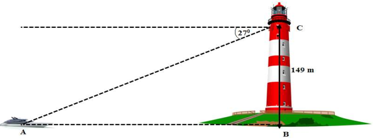 1. Cho tam giác   A B C   có đường cao   A H = 5 c m , ˆ B = 70 ∘ , ˆ C = 35 ∘ .   Tính độ dài các cạnh của tam giác   A B C   (làm tròn kết quả đến chữ số thập phân thứ hai).  2. Một người quan sát ở đài hải đăng cao   149 m   so với mực nước biển nhìn thấy một con tàu ở xa với một góc nghiêng xuống đất là   27 ∘ .   Hỏi tàu đang đứng cách chân hải đăng là bao nhiêu mét? (làm tròn kết quả đến hàng đơn vị) (ảnh 1)