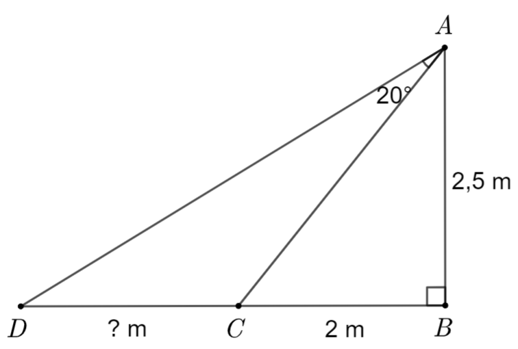 1. Cho tam giác   A B C   có   B C = 16 c m , ˆ A B C = 45 ∘ , ˆ A C B = 30 ∘ .   Gọi   N   là chân đường vuông góc kẻ từ   A   đến cạnh   B C .   Tính độ dài cạnh   A N   (làm tròn kết quả đến chữ số thập phân thứ hai).  2. Người ta cần lắp đặt một thiết bị chiếu sáng gắn trên tường cho một phòng triển lãm như hình vẽ. Thiết bị này có góc chiếu sáng là   20 ∘   và cần đặt cao hơn mặt đất là   2 , 5 m .   Người ta đặt thiết bị chiếu sáng này sát tường và được canh chỉnh sao cho trên mặt đất dải ánh sáng bắt đầu từ vị trí cách tường   2 m   (như hình vẽ). Tính độ dài vùng được chiếu sáng trên mặt đất (làm tròn kết quả đến chữ số thập phân thứ nhất). (ảnh 2)