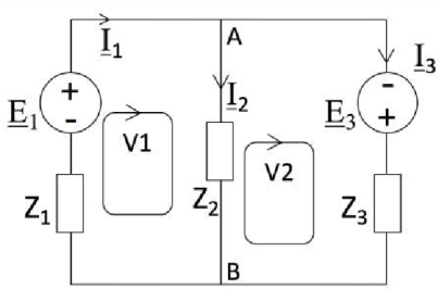 Cho mạch điện như hình vẽ ở chế độ xác lập điều hoàPhương trình Kirchhoff về điện áp viết cho vòng V2 là:B Z2I2 + Z3I3 = E3C -Z2I2 + Z3I3 = -E3D -Z2I2 - Z3I3 = E3 (ảnh 1)