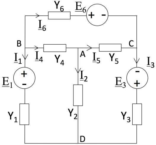 Cho mạch điện như hình vẽ ở chế độ xác lập điều hoàChọn D làm mốc VD = 0. Phương án nào sau đây đúng?B I1 = Y1(VB + E1); I2 = Y2VA; I3 = Y3(VC + E3)C I1 = Y1(VB - E1); I2 = - Y2VA; I3 = Y3(VC (ảnh 1)
