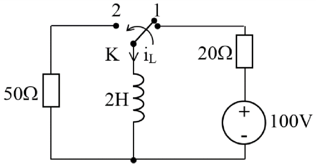 Khóa K trong mạch điện hình dưới chuyển từ vị trí 1 sang vị trí 2 tại thời điểm t = 0.Dòng điện quá độ chạy trong mạch iL(t) sau khi khóa K tác động có dạng (với I0 hằng số):B I0.e-10.t, AC I (ảnh 1)