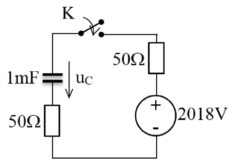 Khóa K trong mạch điện hình dưới được đóng vào tại thời điểm t = 0.Điện áp quá độ trên điện dung uC(t) có dạng (với A, B là các hằng số khác 0): B A.e-20.t, V C A + B.e-20.t, V D A.e-10.t, V  (ảnh 1)