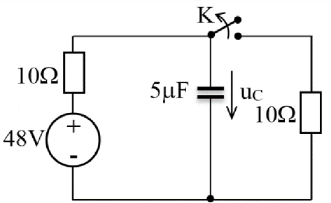 Khóa K trong mạch điện ở hình dưới được đóng vào tại thời điểm t = 0.Giá trị của điện áp trên điện dung tại thời điểm đóng vào uC(+0) làB 0 VC 9,6VD 48V (ảnh 1)