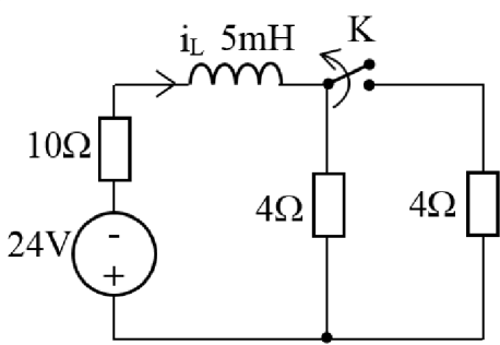  Khóa K trong mạch điện ở hình dưới được mở ra tại thời điểm t = 0.Giá trị của dòng điện chạy qua điện cảm iL(+0) làB 2AC -24/14 AD 2,4A (ảnh 1)