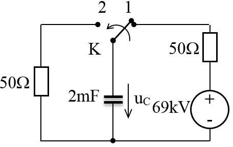 Khóa K trong mạch điện hình dưới chuyển từ vị trí 1 sang vị trí 2 tại thời điểm t = 0.Điện áp quá độ trên điện dung uC(t) có dạng (với A là hằng số):B A.e-20.t, kVC A.(1-e-20.t), kVD A.(1-e-1 (ảnh 1)