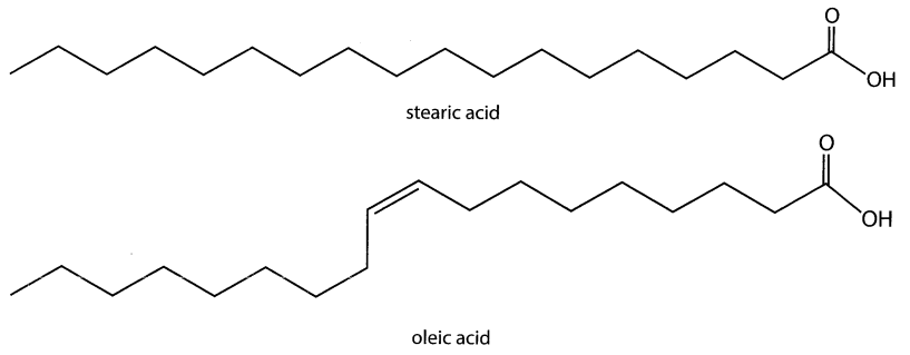 Cho cấu tạo của stearic acid và oleic acid như sau:Phát biểu không đúng về hai acid trên là (ảnh 1)