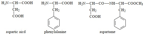 Sự kết hợp giữa aspartic acid và phenylalanine tạo thành peptide, peptide này có thể được chuyển đổi thành methyl ester gọi là aspartame. Công thức của aspatic acid, phenylalanine và aspartam (ảnh 1)