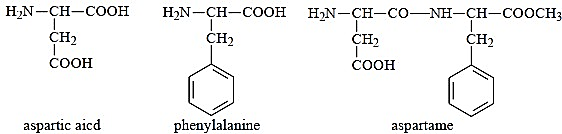 Sự kết hợp giữa aspartic acid và phenylalanine tạo thành peptide, peptide này có thể được chuyển đổi thành methyl ester gọi là aspartame. Công thức của aspatic acid, phenylalanine và aspartam (ảnh 1)