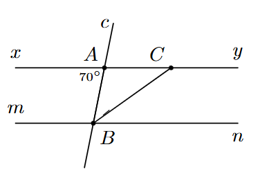 Trong hình vẽ có   x y ∥ m n  . Tia   B C   là tia phân giác của   ˆ A B n .   Biết   ˆ B A x = 70 ∘  .    Hỏi số đo   ˆ A C B   bằng bao nhiêu độ? (ảnh 1)