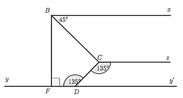 (1,5 điểm) Cho hình vẽ bên , biết:   ˆ F D C = 135 ∘ ; ˆ C B x = 45 ∘ ; ˆ D C z = 135 ∘ , D y ∥ B x , D y ⊥ B F   tại điểm   F .      a) Chứng minh   C z ∥ D y .    b) Chứng minh   B C   là tia phân giác của   ˆ F B x .    c) Kẻ tia   C t   là tia đối của tia   C z  . Chứng minh   C t   là tia phân giác của   ˆ D C B  . (ảnh 1)