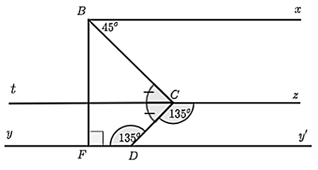 (1,5 điểm) Cho hình vẽ bên , biết:   ˆ F D C = 135 ∘ ; ˆ C B x = 45 ∘ ; ˆ D C z = 135 ∘ , D y ∥ B x , D y ⊥ B F   tại điểm   F .      a) Chứng minh   C z ∥ D y .    b) Chứng minh   B C   là tia phân giác của   ˆ F B x .    c) Kẻ tia   C t   là tia đối của tia   C z  . Chứng minh   C t   là tia phân giác của   ˆ D C B  . (ảnh 2)
