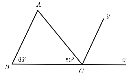 Cho hình vẽ. Biết   ˆ B = 65 ∘ ,    ˆ A C B = 50 ∘  , hai tia   C x   và   C B   đối nhau, tia   C y   là tia phân giác của   ˆ A C x  .    Hỏi số đo   ˆ A C y   bằng bao nhiêu độ? (ảnh 1)