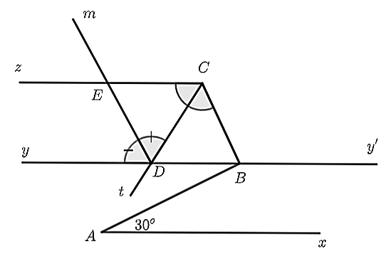 (1,5 điểm) Cho hình vẽ bên, biết:   A x ∥ y y ′ , ˆ x A B = 30 ∘ , ˆ B C z = 120 ∘  .    a) Xác định số đo   ˆ A B y  .  b) Biết   A x ∥ C z  . Chứng minh   y y ′ ∥ C z   và tính số đo   ˆ A B C .    c) Vẽ tia   C t   là tia phân giác của   ˆ B C z  ,   C t   cắt   B y   tại   D  . Vẽ tia   D m   là tia phân giác   ˆ C D y  ,   D m   cắt   C z   tại   E  . Tính số đo   ˆ C D E  . (ảnh 2)