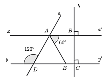 Cho các đường thẳng   a , b , x x ′ , y y ′   cắt nhau như hình vẽ dưới đây.    a)   ˆ b B x ′   và   ˆ B C y ′   là hai góc so le trong.  b)   x x ′ ∥ y y ′ .    c)   ˆ B A D = 120 ∘  .  d)   A E   là phân giác của   ˆ B A D . (ảnh 1)