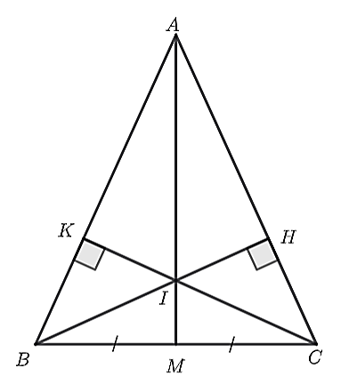 (1,5 điểm) Cho   Δ A B C   cân tại   A , ( ˆ A < 90 ∘ )  . Kẻ   B H   vuông góc với   A C   tại   H   và   C K   vuông góc với   A B   tại   K .   Biết   B H   và   C K   cắt nhau tại   I .    a) Chứng minh rằng   Δ A B H = Δ A C K .    b) Chứng minh rằng   I B = I C .    c) Gọi   M   là trung điểm của   B C .   Chứng minh rằng ba điểm   A , I , M   thẳng hàng. (ảnh 1)