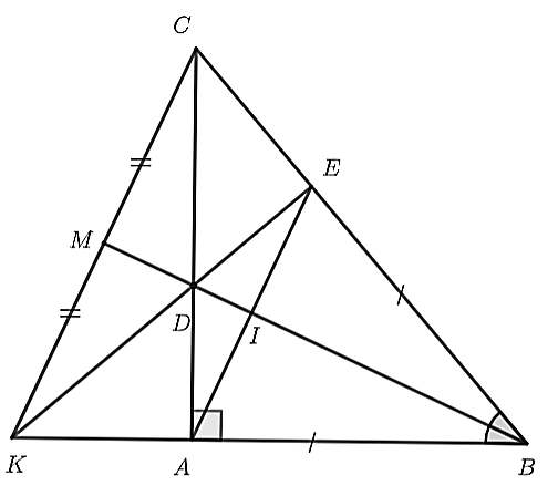 (1,5 điểm) Cho tam giác   A B C   vuông tại   A .   Trên cạnh   B C   lấy điểm   E   sao cho   A B = B E .   Tia phân giác của góc   B   cắt cạnh   A C   tại   D .    a) Chứng minh   Δ A B D = Δ E B D .    b) Gọi   I   là giao điểm của   B D   và   A E .   Chứng minh   I   là trung điểm của   A E .    c) Gọi   K   là giao điểm của   E D   và   B A ,     M   là trung điểm của   K C .   Chứng minh   B , D , M   thẳng hàng. (ảnh 1)